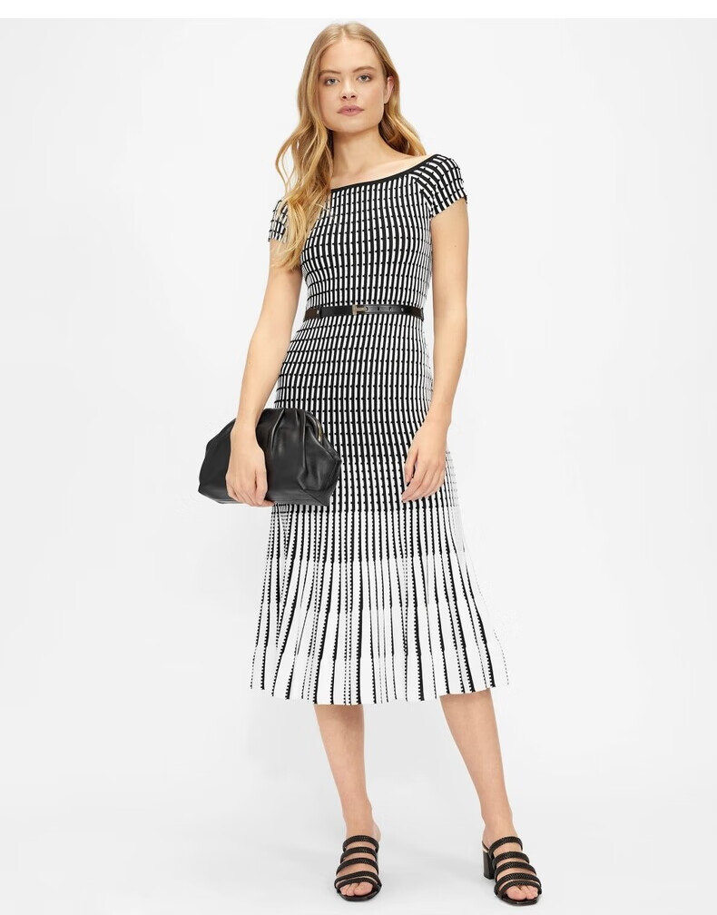 tedbaker2021春夏新品女士气质混色一字肩腰带连衣裙251706黑色4
