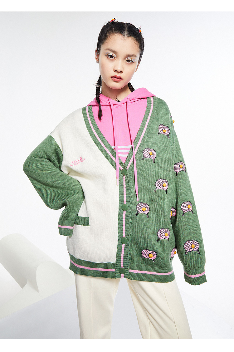 【红双喜联名】太平鸟撞色v领针织开衫女2020冬季新款宽松毛衣 红色 x