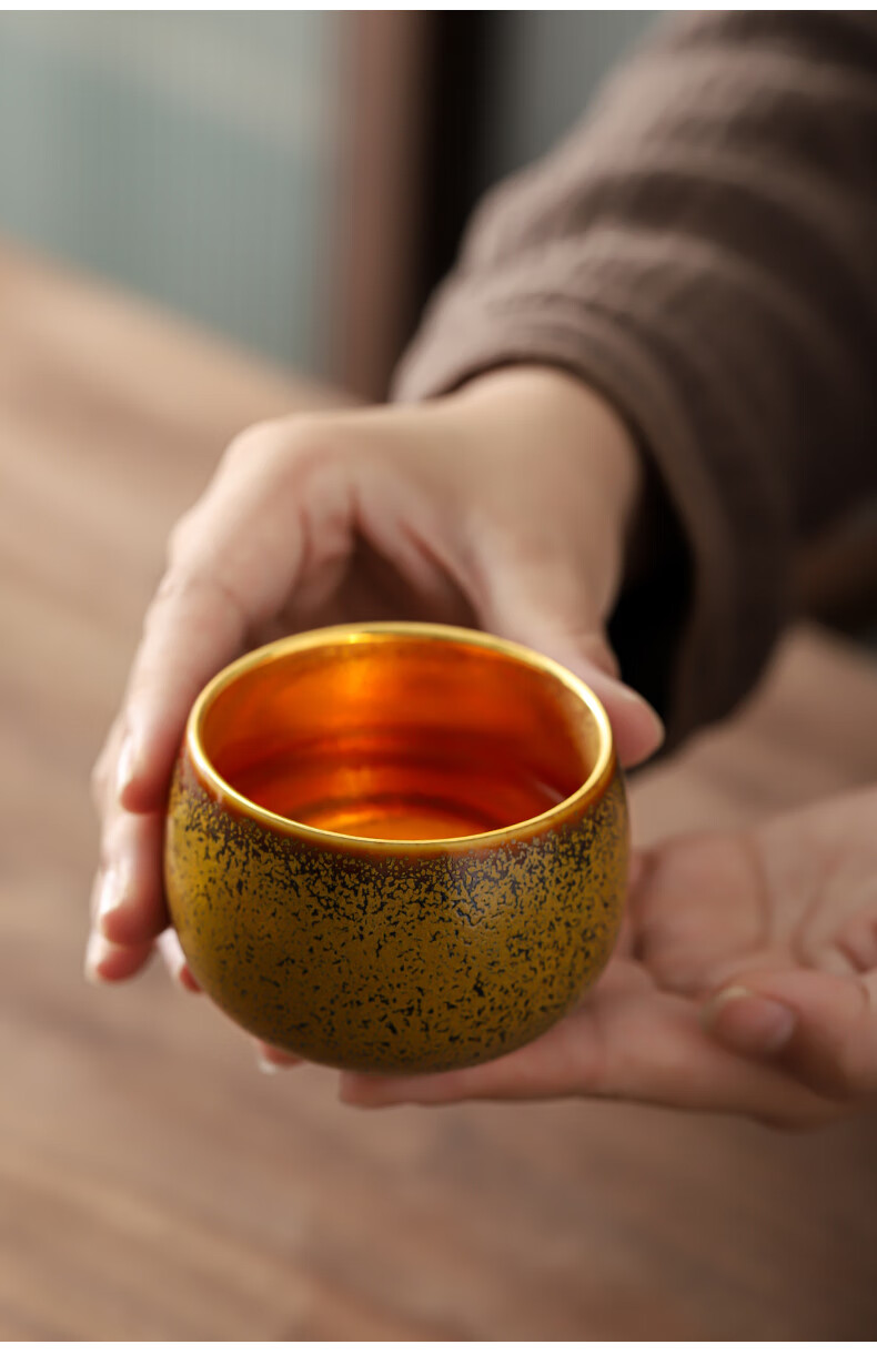 蕊融天目窑变鎏金盏功夫茶品茗杯陶瓷金杯子喝茶杯主人杯泡茶杯单杯子