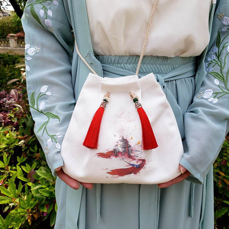 新品新款印花图案古风汉服包斜挎包单肩包流苏包中国风古代荷包配古装