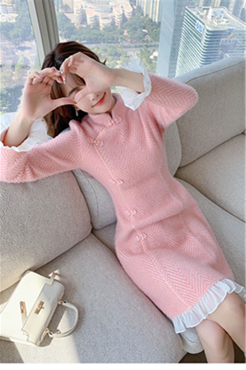 雁皇2021年秋冬新款少女粉色旗袍改良版连衣裙女气质加厚针织裙年轻款