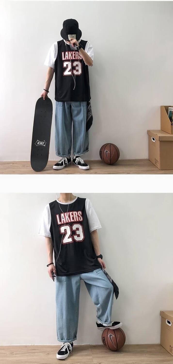 新品 夏季篮球衣假两件背心潮流t恤短袖男学生韩版半袖情侣装上衣无双