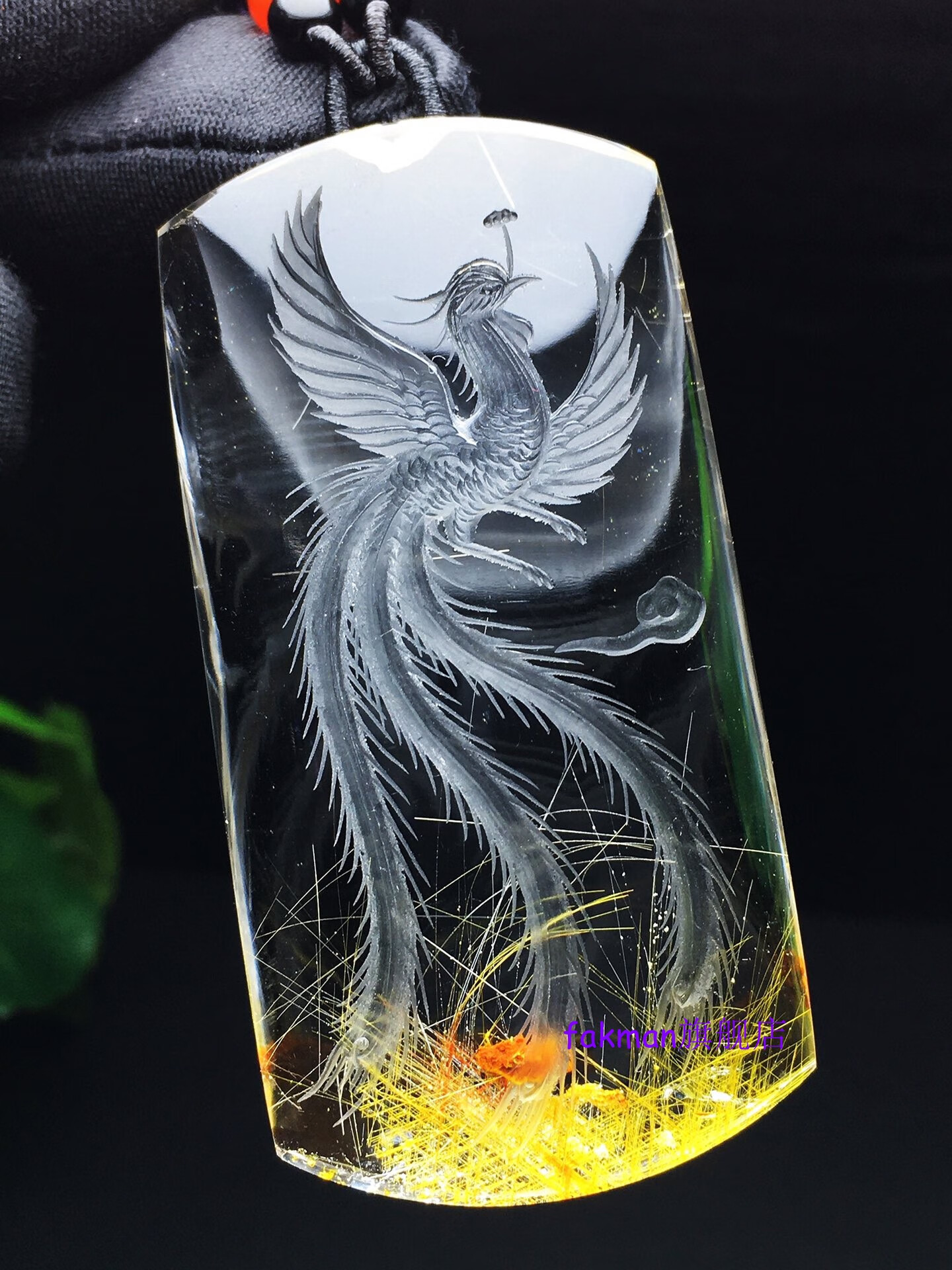 老鳯祥云同款天然彩绿幽灵金发晶黄红胶花黄兔毛白水晶内雕凤凰吊坠