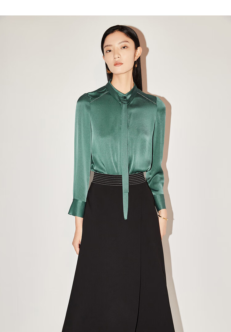 [圣诞焕新]恩裳2022春季新款飘带立领醋酸面料简约通勤长袖衬衫 杏色