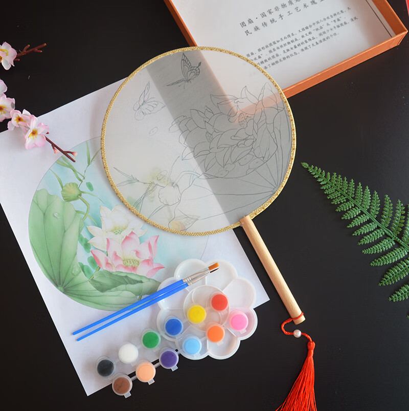 中秋节团扇diy中秋节真丝空白团扇国画工笔刺绣绘画扇 diy儿童临摹