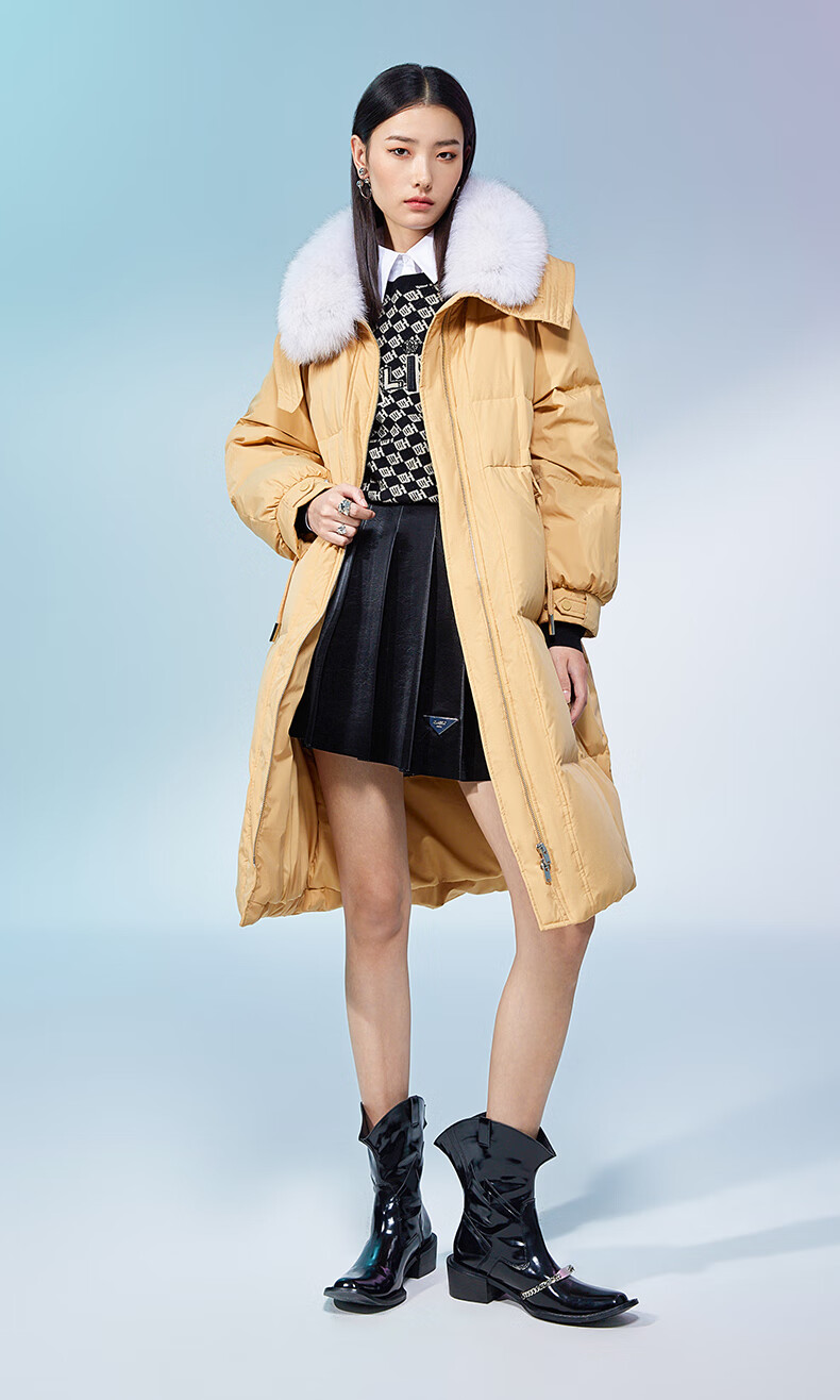 ochirly欧时力长款羽绒服女2022新款秋冬可拆狐狸毛领保暖大衣 黑色 m