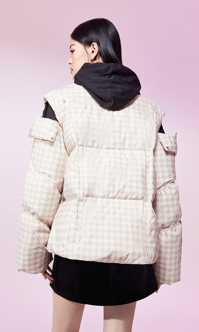 ochirly欧时力羽绒服女2022新款秋冬立领两穿棋盘格时尚保暖外套 绿色