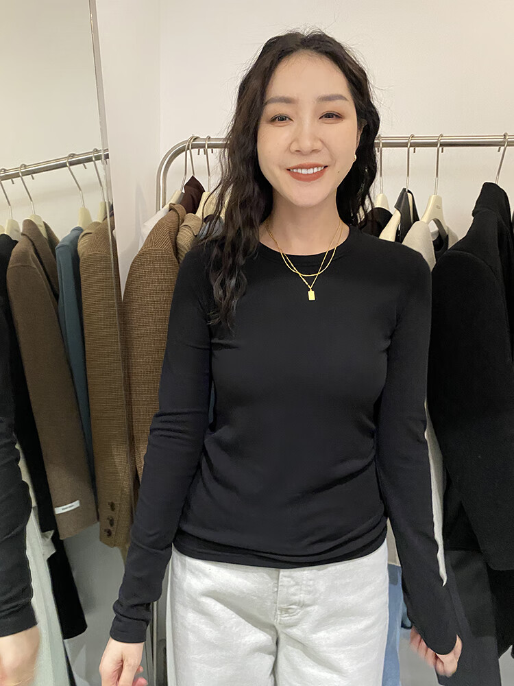 丽呤widelia陈姬儿秋冬款基础圆领加绒打底衫女修身弹力纯色上衣9133