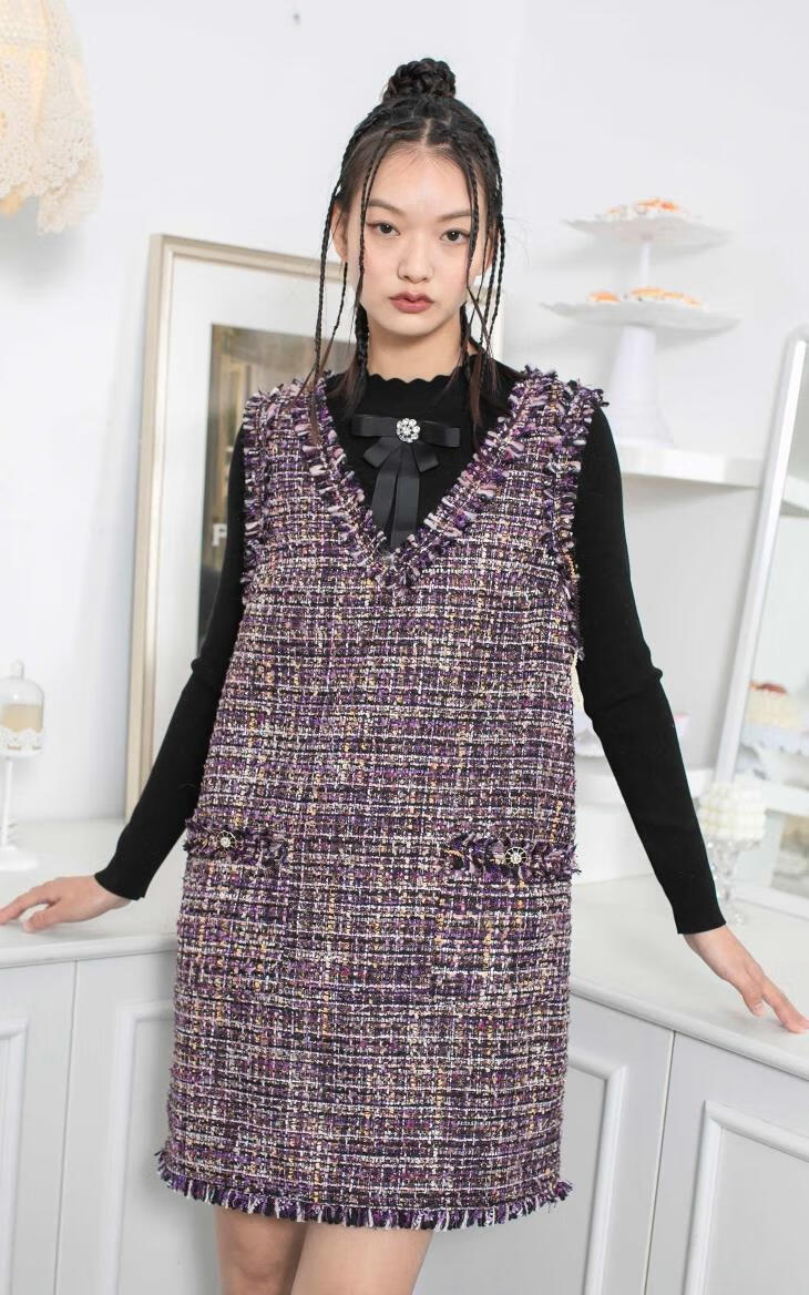 only冬季新款针织小香风短款两件设计连衣裙女120407144 e25 深紫色