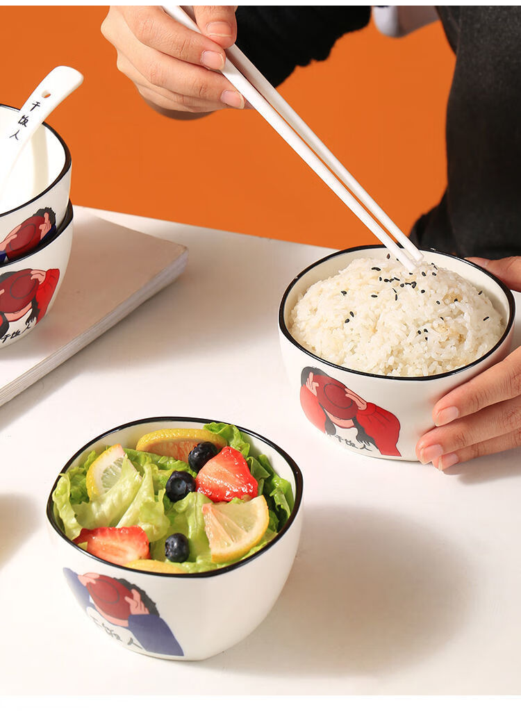 干饭人碗瓷碗勺情侣学生日式卡通网红可爱少女心陶瓷碗勺筷家用 干饭