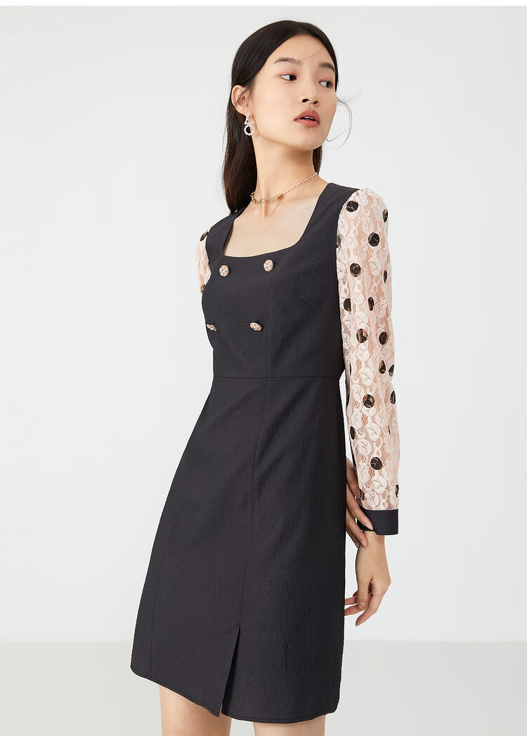 音儿女装春季新款蕾丝袖拼接方领连衣裙 黑色 36【图片 价格 品牌