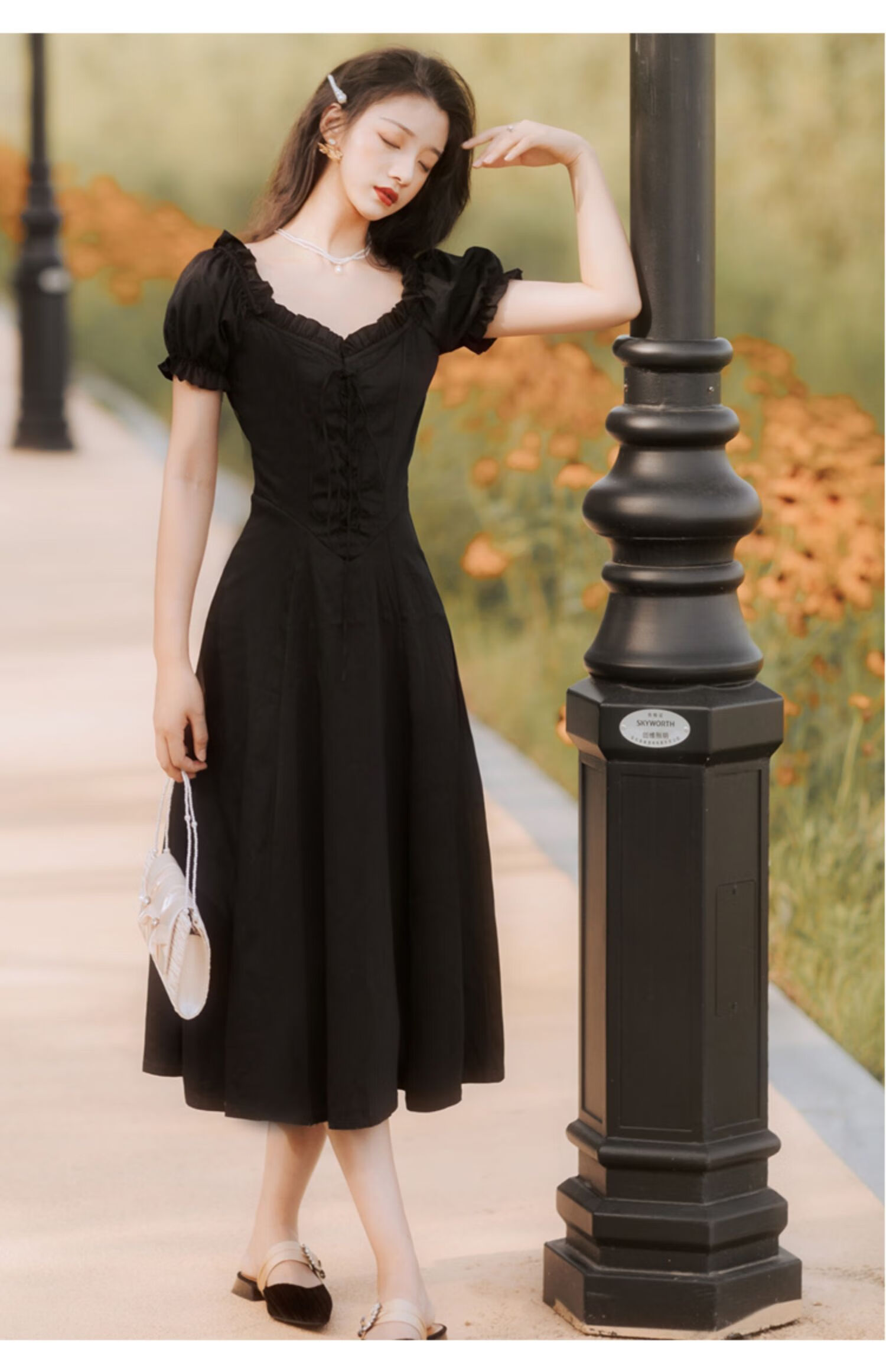 新品法式复古赫本风小黑裙连衣裙女2021新款夏季设计感小众宫廷风长裙