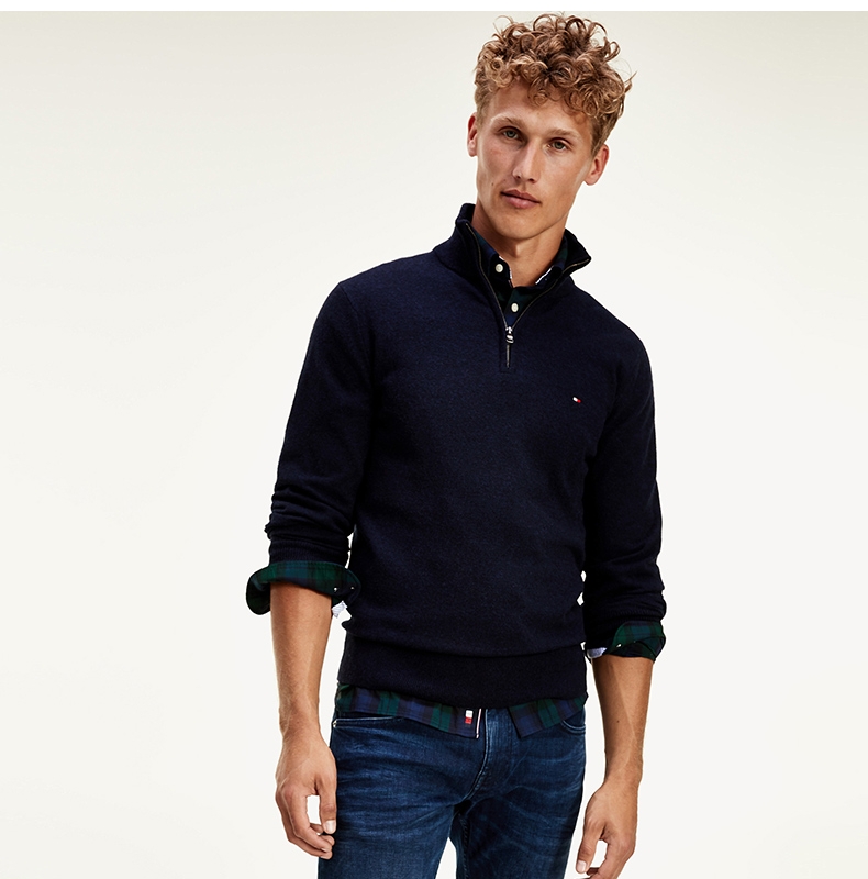 tommy男装简约时尚小绣标羊毛拉链半高领毛衣针织衫mw0mw15770藏青色