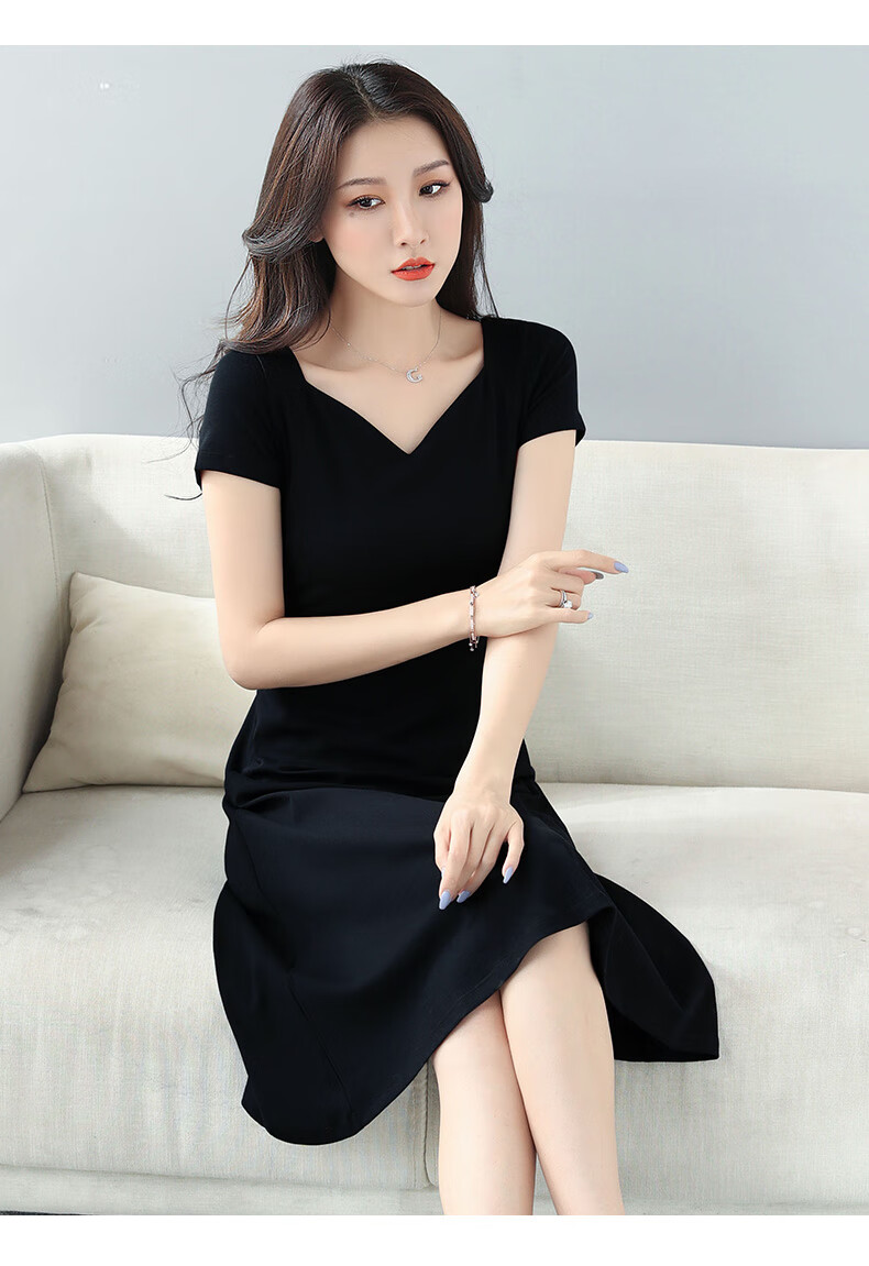恒源祥新品气质减龄黑色短袖连衣裙女夏气质2021新款修身显瘦法式慵懒