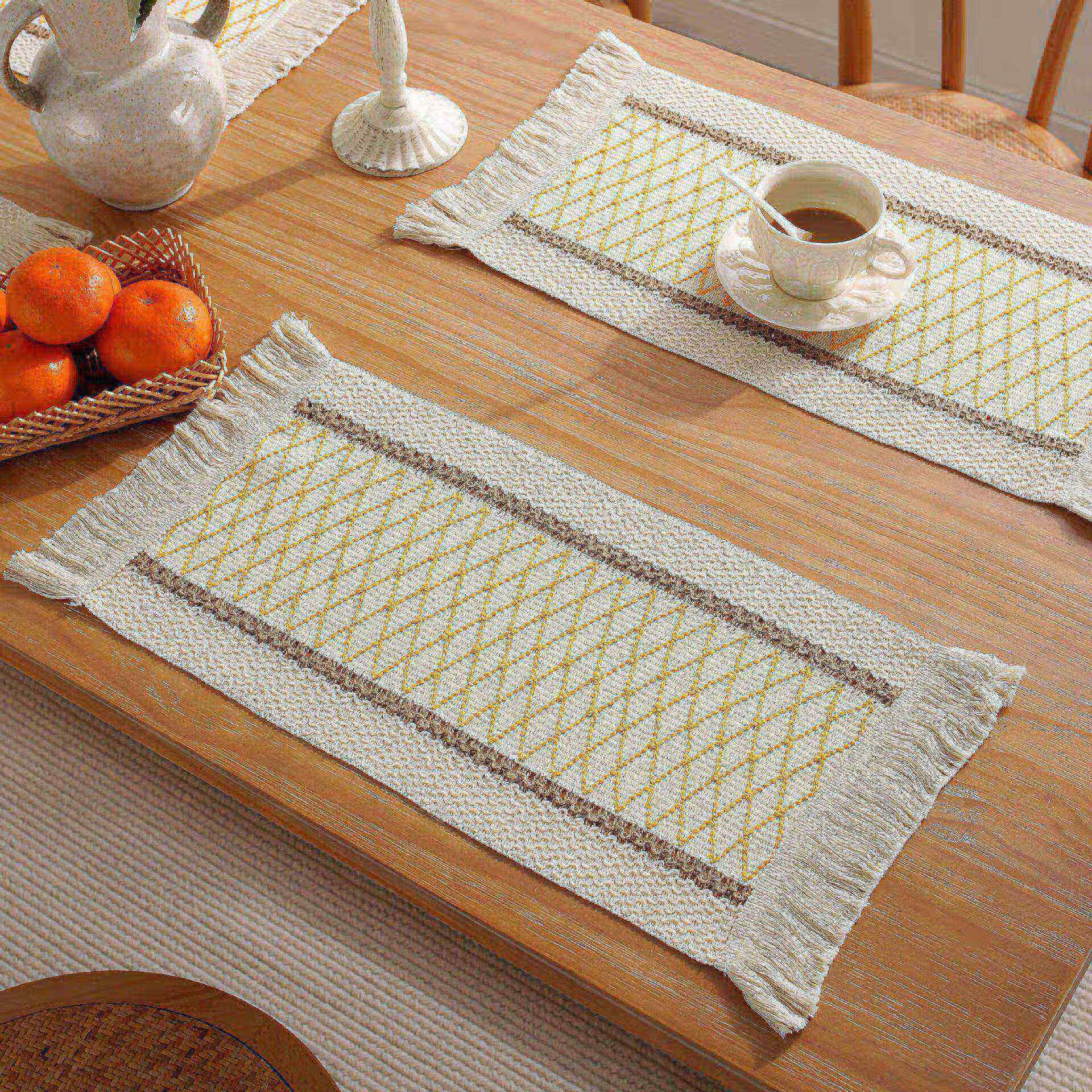 益蔻 桌旗美式波西米亚粗麻编织棉麻流苏黄麻餐桌垫 黄网格麻绳桌旗