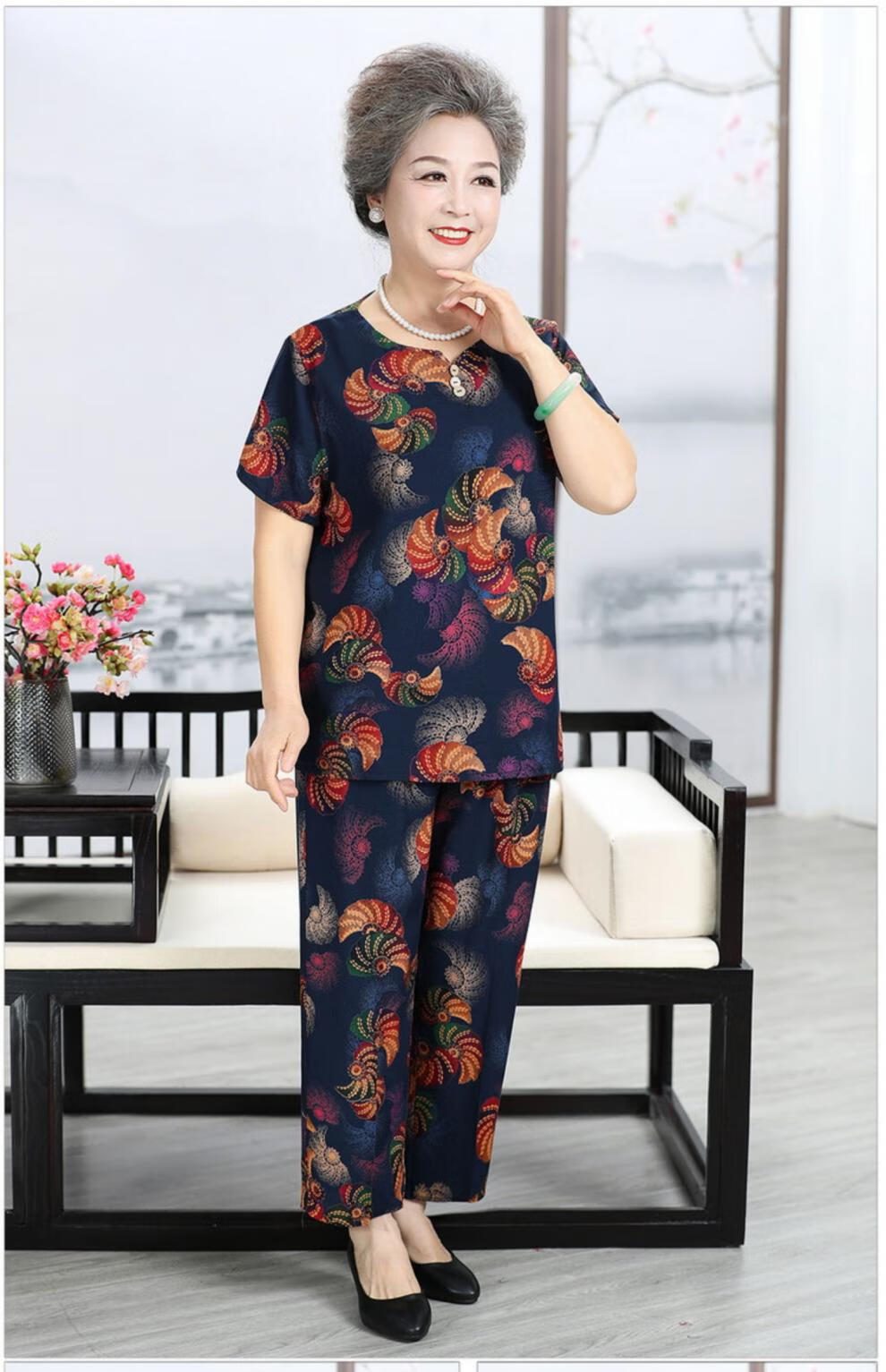 老年人妈妈两件套圆领老人衣服家居服棉绸老太太短袖可外穿六号色上衣