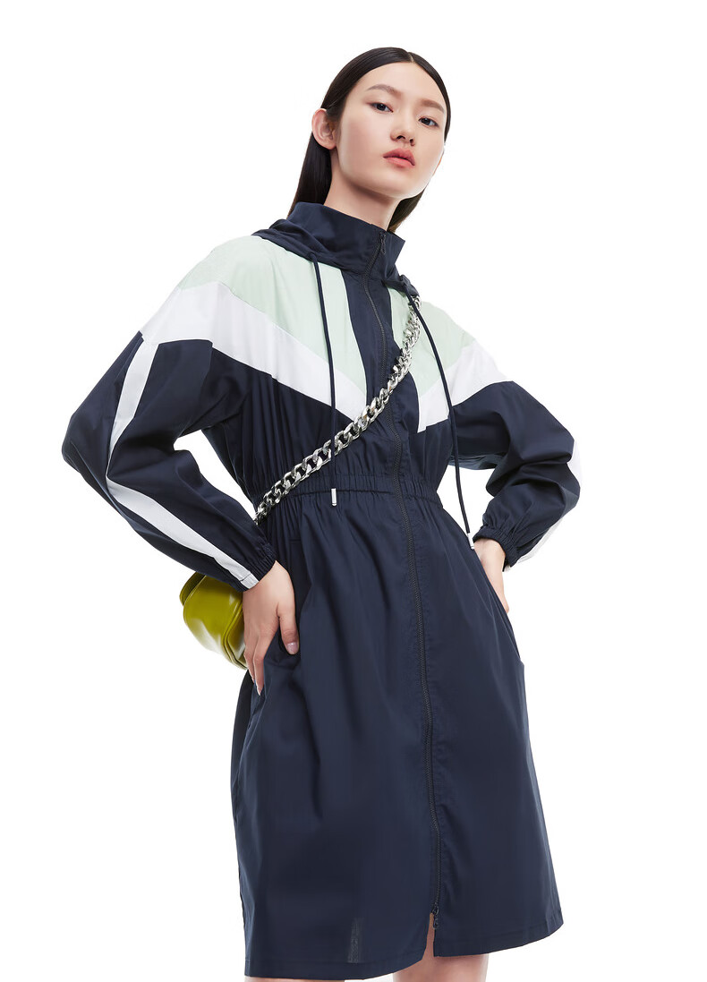 juzui玖姿春季新款休闲撞色连帽立领运动风青春中长女连衣裙 墨绿 xl