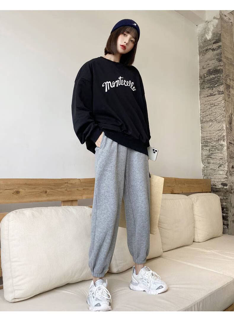 加绒运动裤女外穿宽松束脚2021新款小个子休闲灰色加厚卫裤秋冬季女式