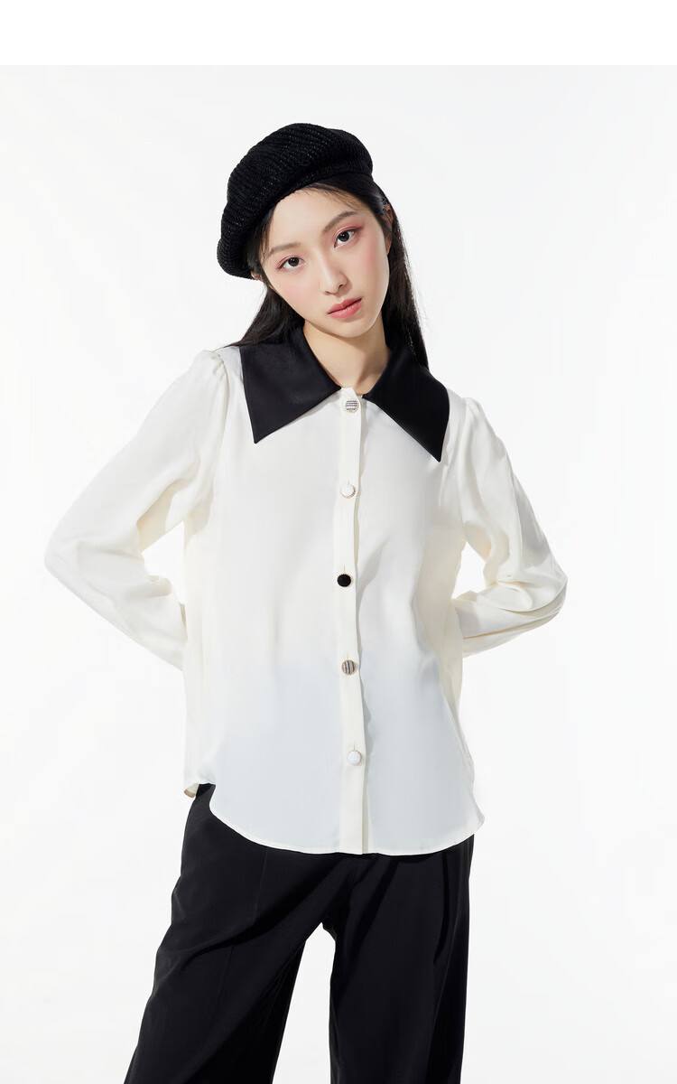 太平鸟女士时尚2021年春季新款拼色翻领衬衫上衣女a5caa2125 金色 m