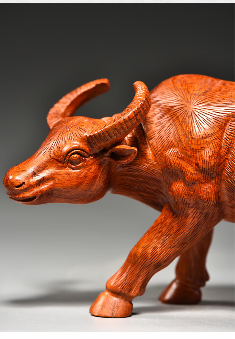 福渊阁花梨木雕牛摆件牛气冲天实木水牛工艺品十二生肖动物客厅开业