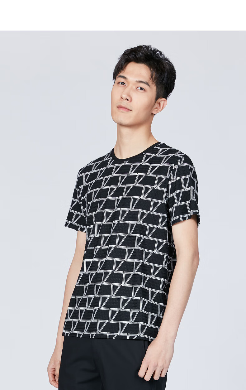 利郎短袖t恤男圆领时尚印花2021夏季新品修身弹力t恤 黑白间色(20xtx