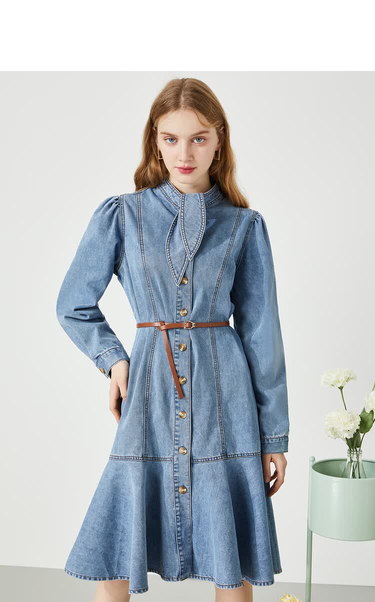 秋水伊人2021年春装新款女装小众设计感荷叶边中长牛仔裙连衣裙女