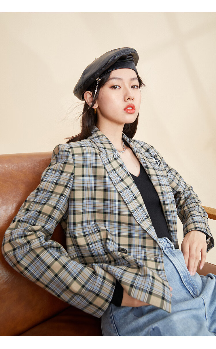 女装 小西装 太平鸟 太平鸟斜格纹西装外套2020秋装新款短款韩版英伦