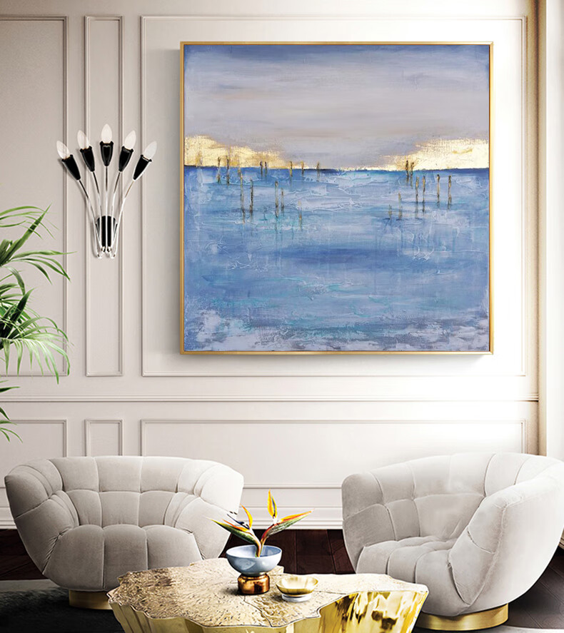 爵印(jueyin)轻奢品牌纯手绘油画北欧现代简约抽象装饰画客厅玄关蓝色