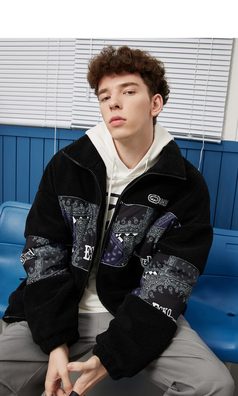 ecko犀牛羊羔毛棉服外套男潮牌2021冬季新款腰果花拼接保暖上衣男女