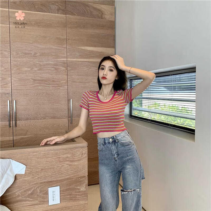 忧容(yourong)泫雅风春夏短款紧身上衣彩虹针织衫女v领撞色条纹短袖