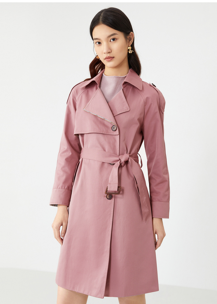 yiner音儿女装2021春季新款纯色中长款系带收腰风衣外套 粉色 40