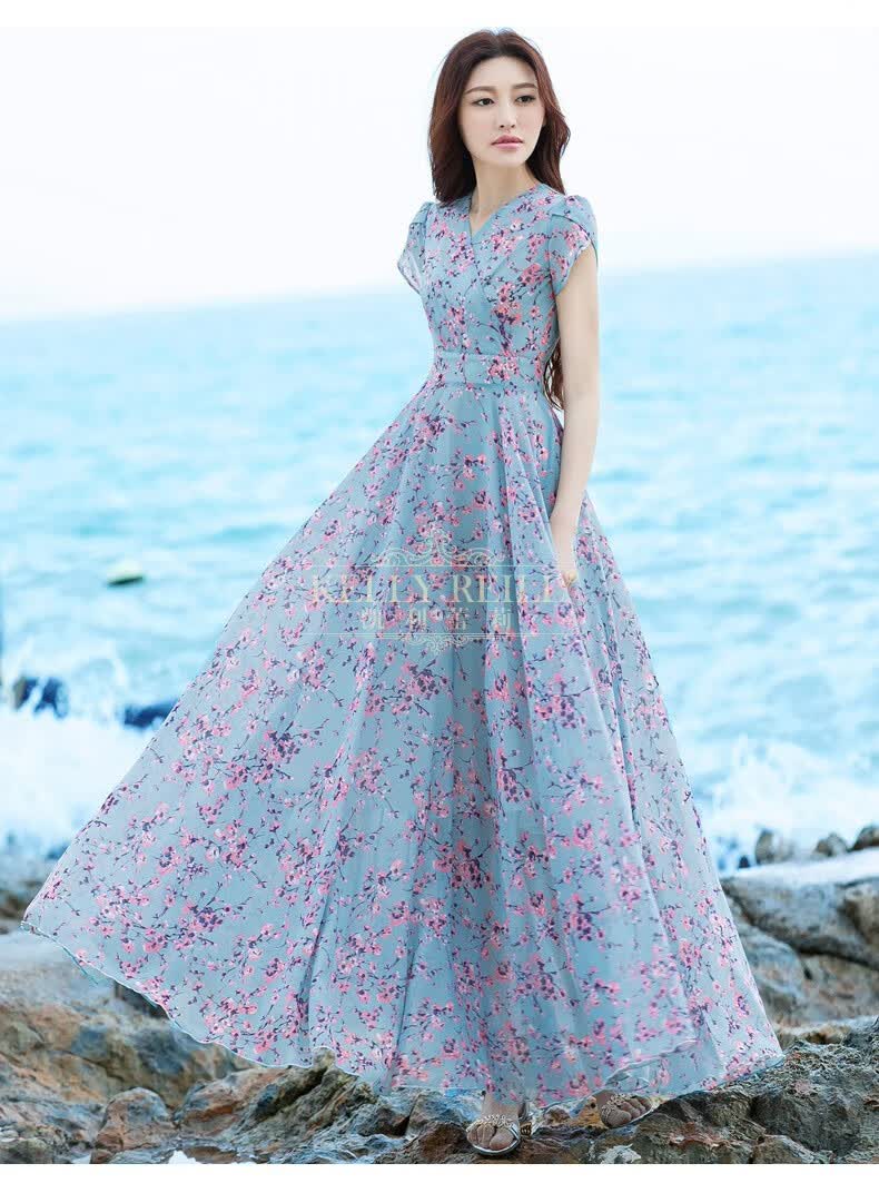 凯利 蕾莉(kelly reill)波西米亚连衣裙大摆沙滩长裙碎花v领修身花瓣