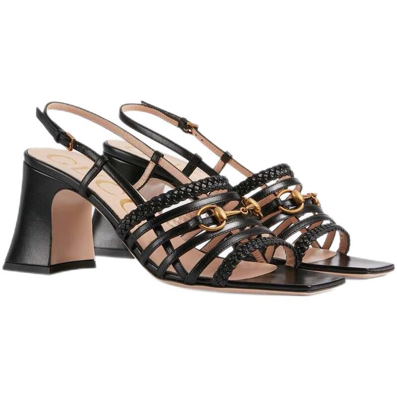 gucci古驰女鞋马衔扣女士皮革凉鞋高跟鞋645404 c9d00 1000黑色预售