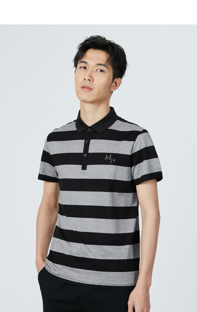 利郎条纹polo衫男短袖修身含桑蚕丝30%刺绣串珠保罗t恤 黑白间色(20x