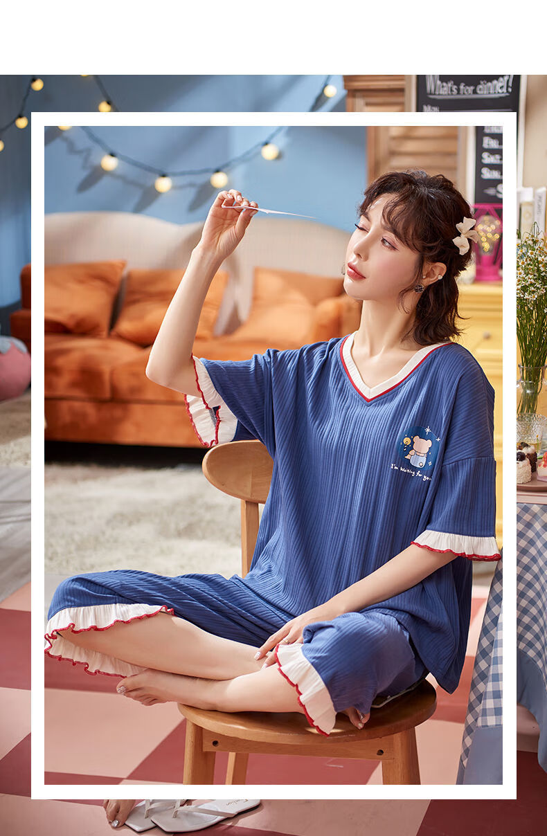 睡衣女夏季薄款七分裤棉质短袖韩版大码宽松学生可外穿家居服9804短袖