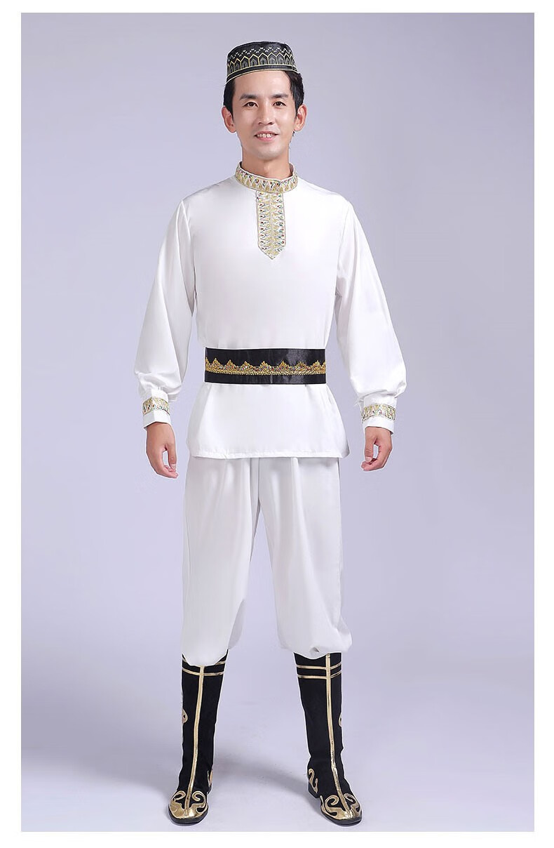 新疆舞蹈服男士维吾尔族新疆马甲套装广场舞少数民族表演服男 白色