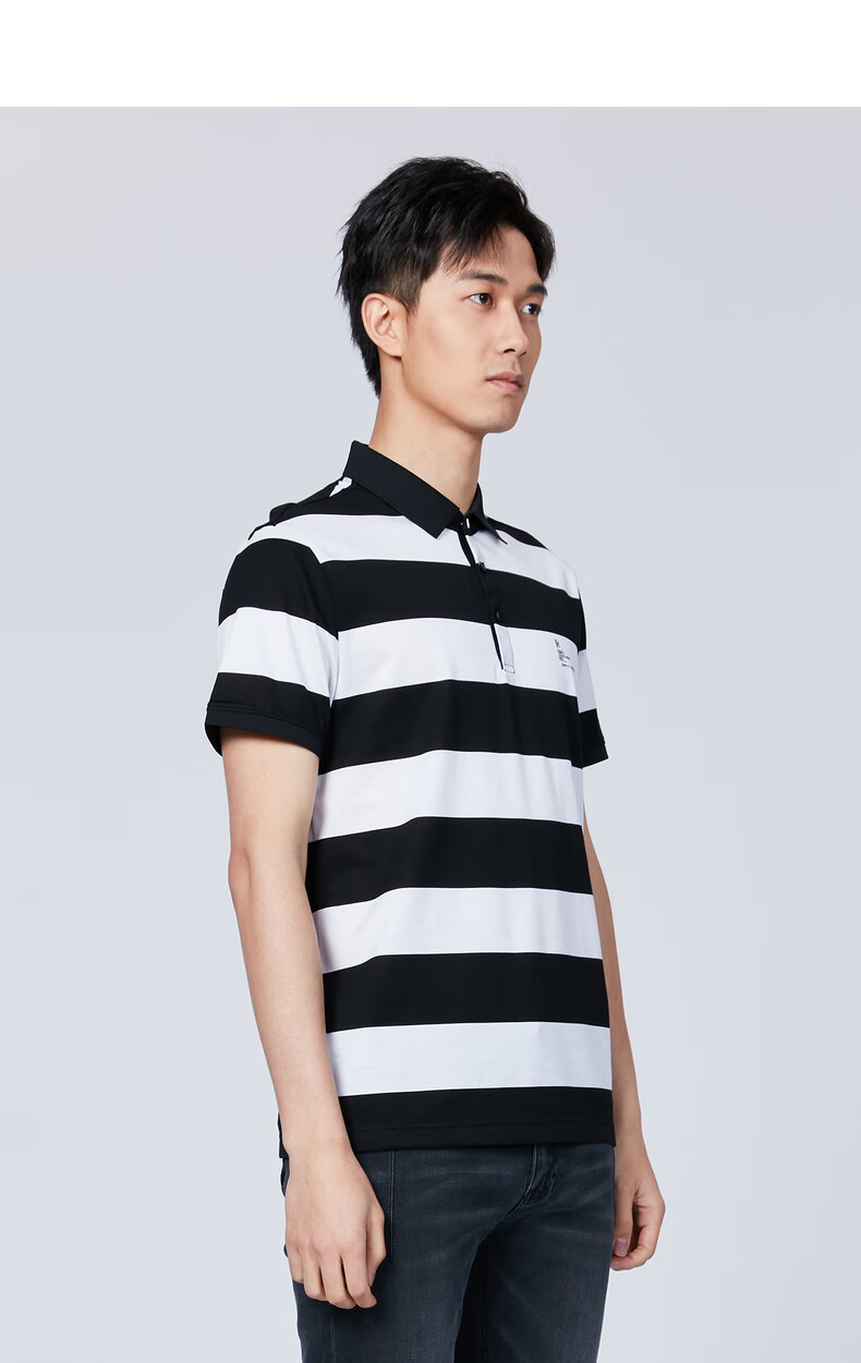 利郎条纹polo衫男短袖含桑蚕丝15%t恤2021夏季新品青年保罗t恤 白黑间