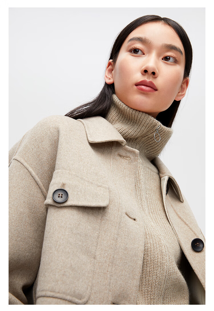 zb珍贝羊毛羊绒外套2021冬季新款双面呢大衣通勤ol单排扣纯色005燕麦