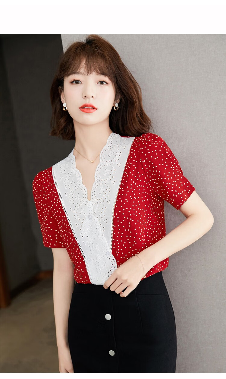 雨意云情夏天波点雪纺衬衫女装夏装2021年新款洋气v领短袖上衣服女士