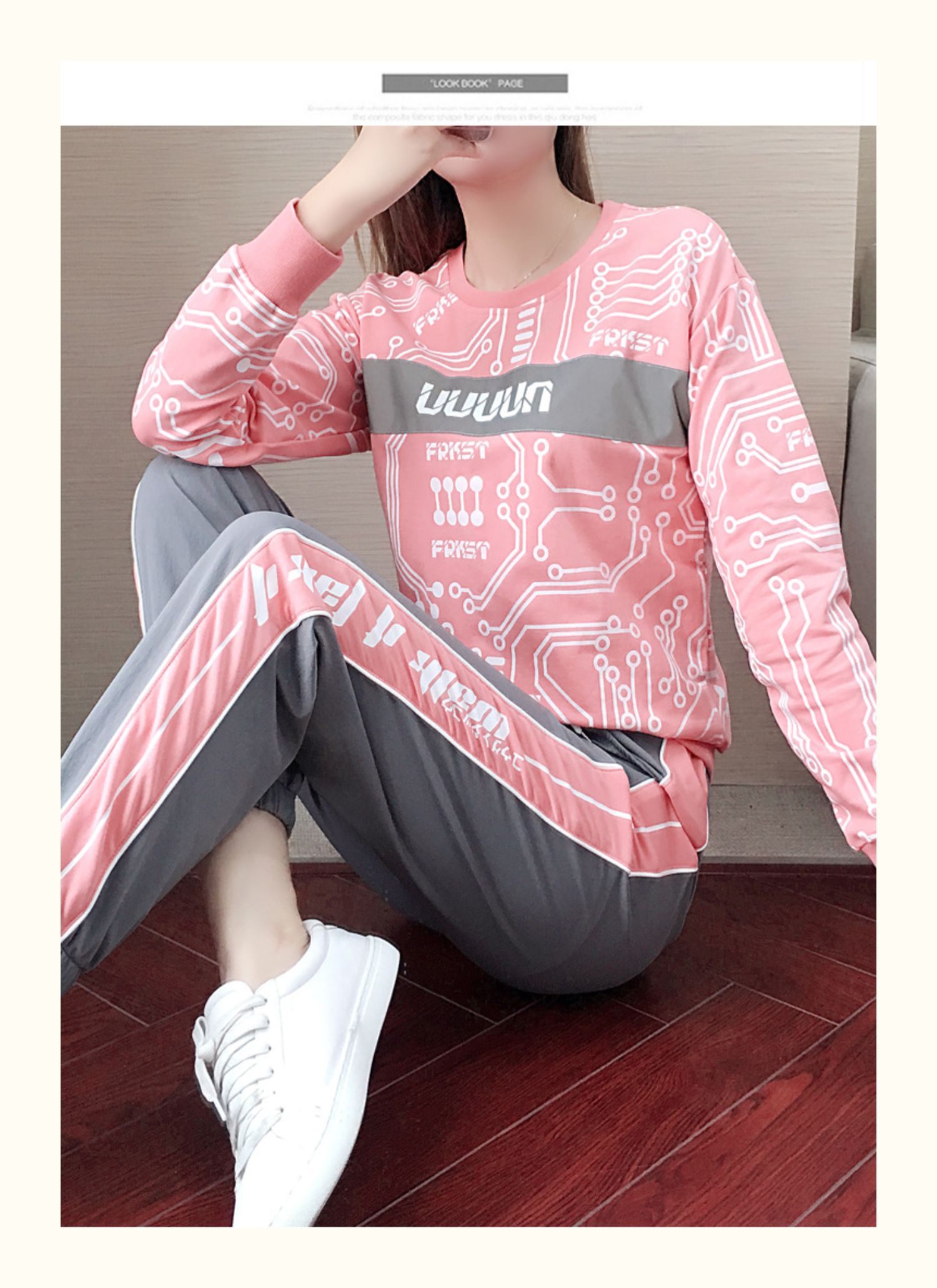 套装女春秋新款跑步时尚休闲卫衣长裤两件套户外宽松运动服潮 粉色