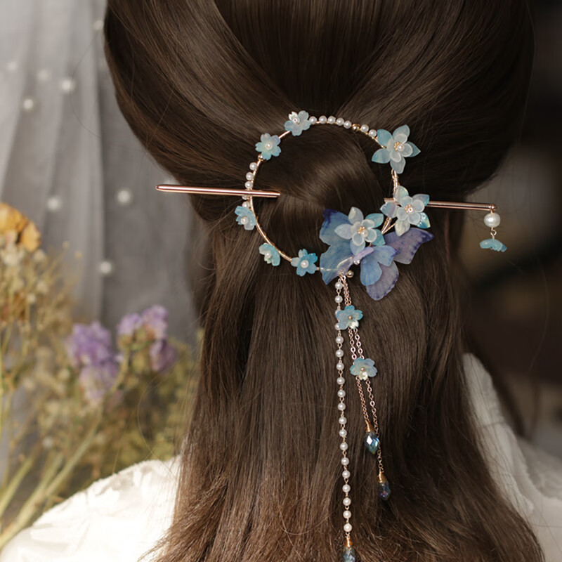 色彩古风蝴蝶流苏发簪小号后脑勺压发发夹仙气日常发环汉服头饰发簪