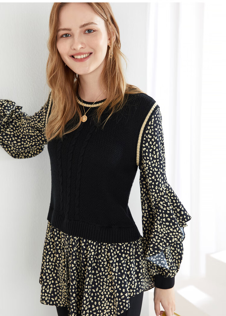 yiner音儿女装2020冬季新款碎花雪纺拼接假两件羊毛针织衫黑色44