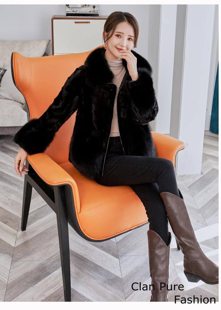 宗纯海宁皮草女貂皮大衣秋冬新款水貂裘皮大衣短款狐狸毛领拼貂毛皮草
