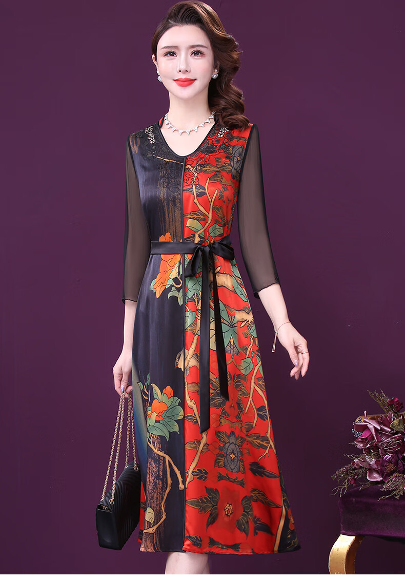 王小鸭重磅真丝连衣裙女2021春新款中年妈妈显瘦年轻款洋气收腰裙桔红