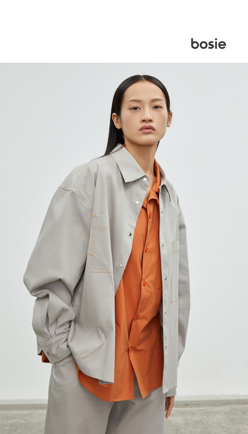 bosie石津川春季新款长袖衬衫男情侣明线印花女休闲衬衣外套潮8006m