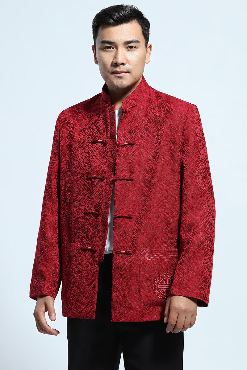 中国风中式老粗布唐装男士短袖上衣中老年/有套装 红色02 xl
