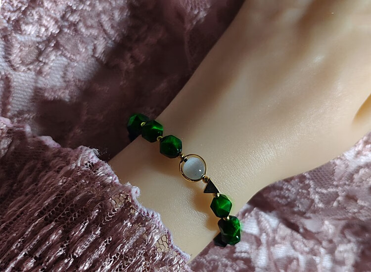 顶盈天然绿虎眼石手链女水晶手串士款绿色宝石送老婆礼物情人节祖母绿