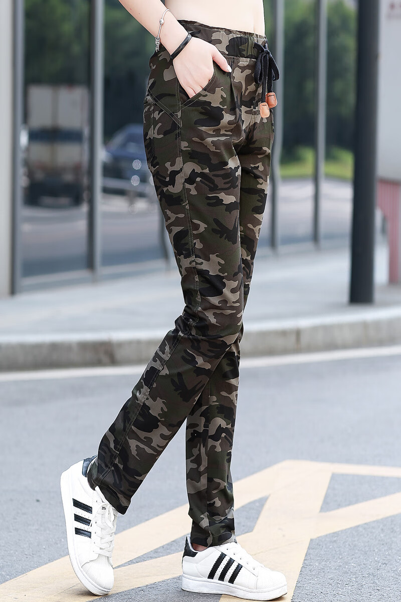迷彩裤女春春秋户外长裤高腰休闲裤女修身运动女裤韩版瘦腿直筒裤sn