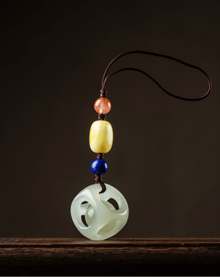 日礼万寄 和田玉玲珑骰子手机链挂件路路通古风情侣挂坠包包饰品 和田