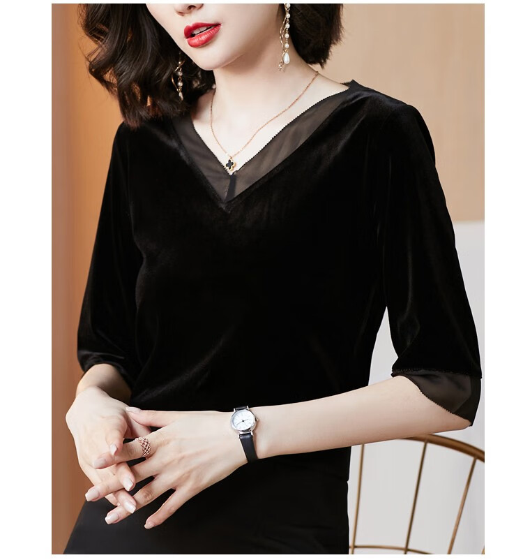 七屿鹿女新款高端小衫洋气v领丝绒中袖上衣女七分袖金丝绒t恤女 杏色
